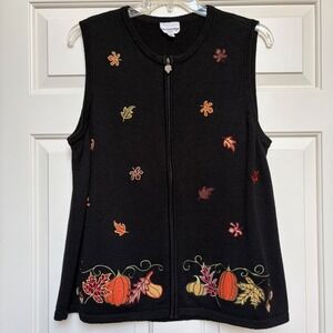 Breckenridge Woman Black Fall Pumpkin Leaf Embroidered Zip Knit Vest 2X Autumn